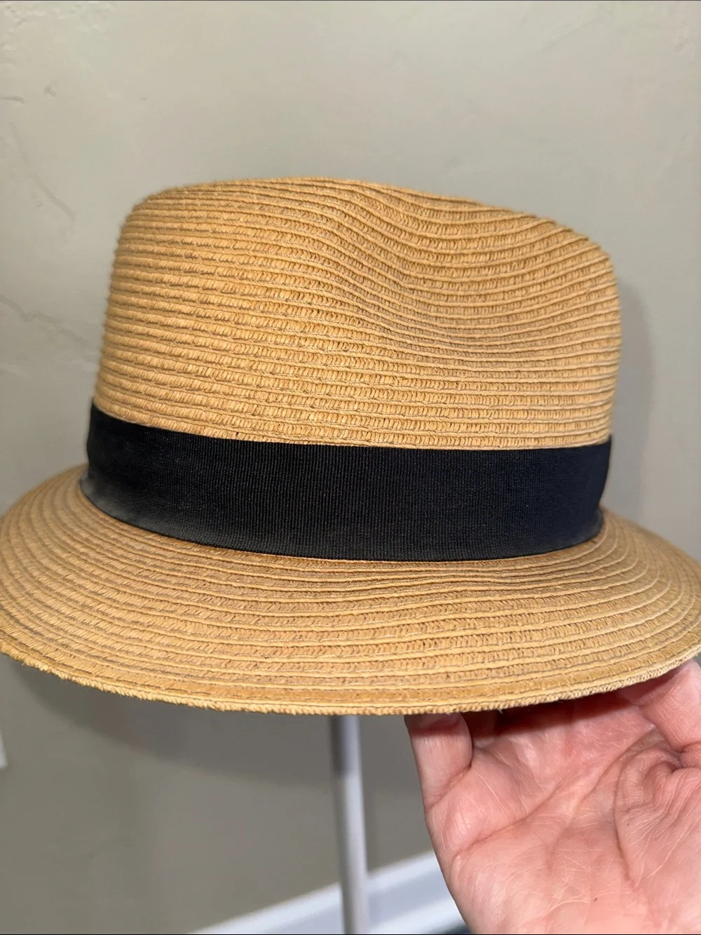 Talula Natural Brown Straw Fedora Black Grosgrain Ribbon Band Travel Packable SM